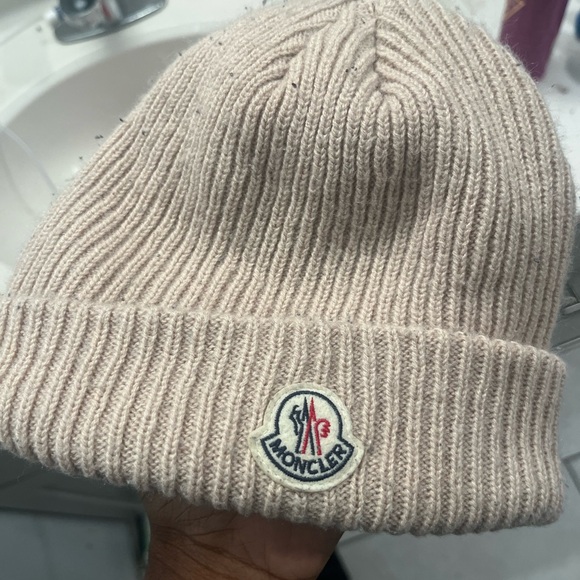 Moncler Light Beige Ribbed Folded Cuff Beanie with Logo Patch